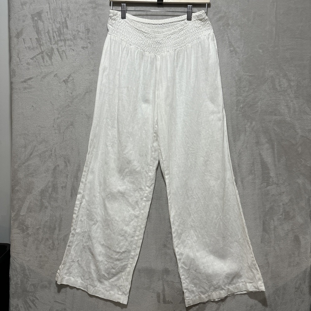 bebe White Wide Leg Linen Gauze Pants Thick Smocked Elastic Waist Women's Size M
